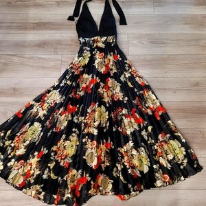 Betsy & Adam Floor Length, Halter- Backless Dress with Gold & Crimson Flair 4